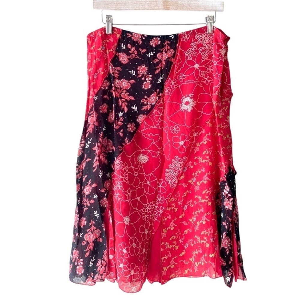 Womens Vintage Midi Skirt 10 Red Y2K Floral Oriental Fairy 90s Rayon